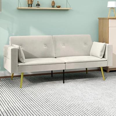 HOMCOM Tweezits Bedbank, Verstelbare Rugleuning, Zachte Kussens, Fluweelachtige Bekleding, voor Woonkamer, Gastenkamer, Beige