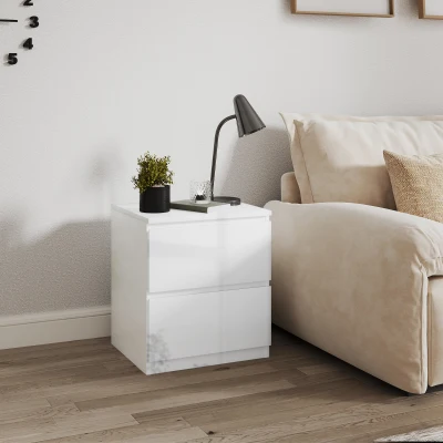 HOMCOM Mesa de Cabeceira Moderna Mesa de Cabeceira com 2 Gavetas Mesa de Cabeceira para Dormitório 40x34x45 cm Branco Brilhante