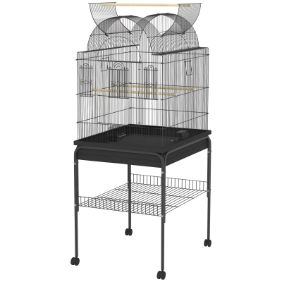 PawHut Mobilna klatka dla kanarków i falistych, z dolną półką, metalowa siatka, Czarna