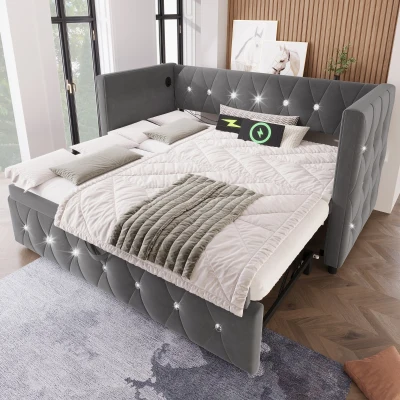 Velvet Upholstered Daybed with USB and Type C Ports, Grey