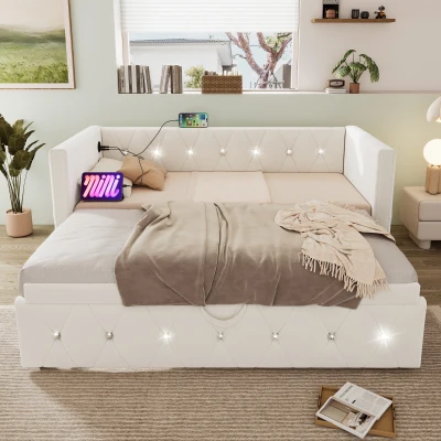 3FT Upholstered Single Daybed with USB and Type C Charging Stations, Beige