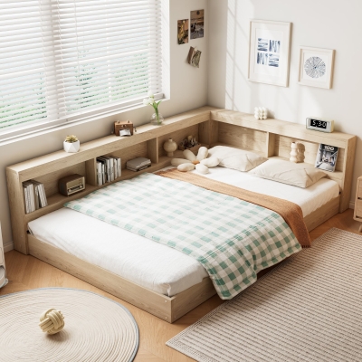 Wooden Double Bed with Ample Compartments Storage Space, White Oak