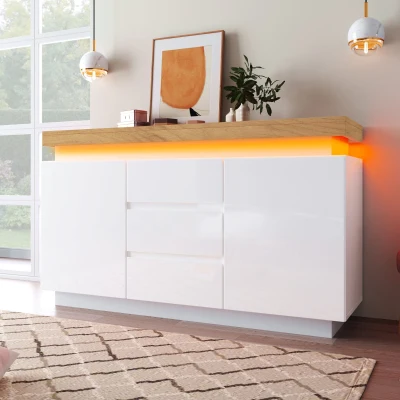 High-Gloss Chest of Drawers with 2 Doors and 3 Drawers, White
