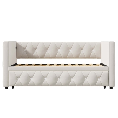 3FT Upholstered Single Daybed with USB and Type C Charging Stations, Beige