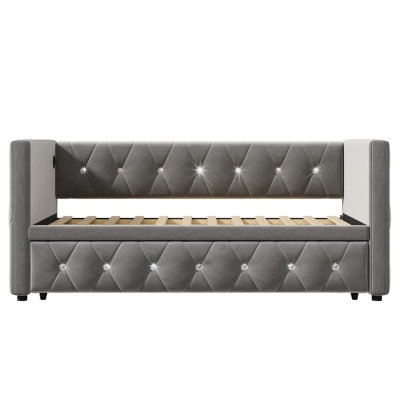 Velvet Upholstered Daybed with USB and Type C Ports, Grey