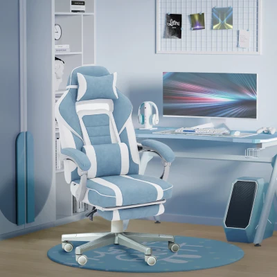 HOMCOM Silla Gamer Reclinable con Altura Ajustable Reposapiés Retráctil Soporte Lumbar y Reposacabezas Desmontable Azul