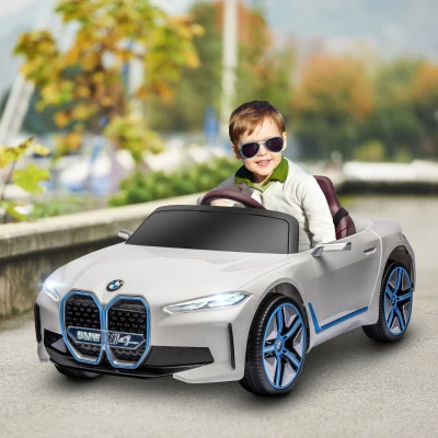 HOMCOM Carro Elétrico para Crianças BMW i4 12V com Controlo Remoto Música MP3 Ecrã Luzes e Cinto de Segurança 115x67x45 cm Branco