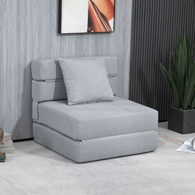 HOMCOM Fotel wypoczynkowy Fotel z funkcją łóżka, w zestawie 1 poduszka, 70 cm x 70 cm x 61 cm, Jasnoszary