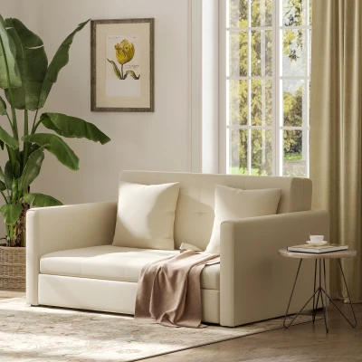 HOMCOM Sofá Cama de 2 Lugares com 2 Almofadas Apoio para os Braços e Armazenamento Sofá Duplo Moderno 152x101x81 cm Bege