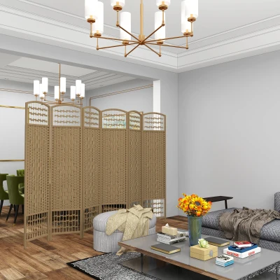 HOMCOM Biombo de 6 Painéis Separador de Ambientes 240x170 cm Divisor de Habitação Dobrável de Corda de Papel Madeira