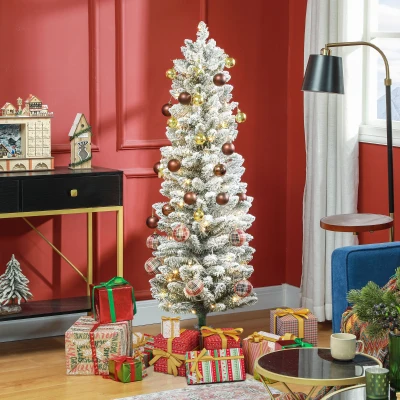 HOMCOM Árvore de Natal 150 cm Árvore de Natal Artificial Nevada com 120 Luzes LED 263 Ramos Verde e Branco