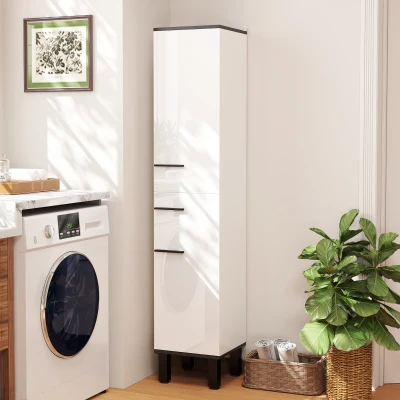 HOMCOM Coluna Casa de Banho Armário Alto Casa de Banho com Gaveta 2 Portas e Prateleiras Ajustáveis 34x34x170 cm Branco