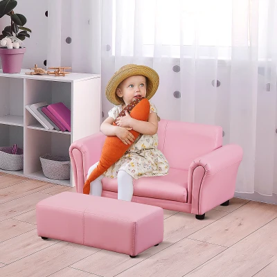 HOMCOM Toddlercouch, 2 Seater Kids Sofa, with Footstool, Arms, Wood Frame, PVC Cover, Pink