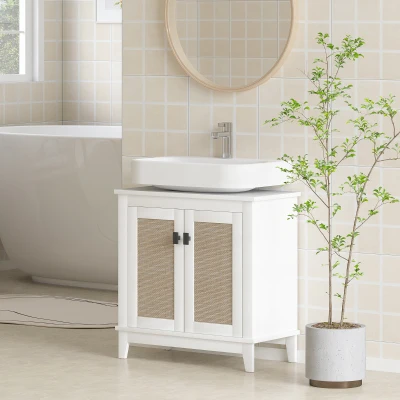 HOMCOM Móvel para Lavatório Pousar com 2 Portas de Vime PE 2 Prateleiras e Sistema Anti-Tombo para Casa de Banho 60x30x30 cm Branco