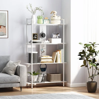 HOMCOM Estante de 4 Níveis Estante para Livros com Painel Perfurado e Estrutura Metálica 100x35x160,5 cm Branco