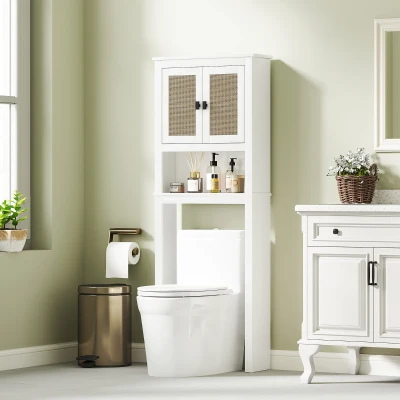 HOMCOM Móvel sobre Sanita Armário sobre Sanita com 2 Portas com Frente em Vime Compartimento e Prateleira Ajustável 60x19,5x160 cm Branco