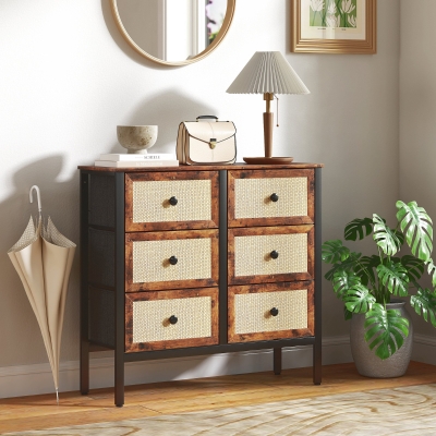 HOMCOM Cómoda para Dormitório Cómoda de Tecido com 6 Gavetas Dobráveis com Frentes de Vime 88x30x83 cm Marrom Rústico