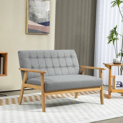 HOMCOM Sofá 2 Lugares Estofado em Linho com Apoio para os Braços de Madeira Encosto Acolchoado 114x75x76 cm Cinza Claro