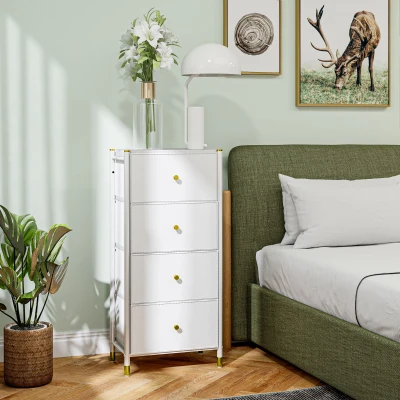 HOMCOM Cómoda para Dormitório Cómoda de Tecido com 4 Gavetas Dobráveis com Frentes de Couro PU 46x30x98 cm Branco
