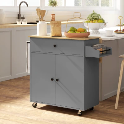 HOMCOM Isla de Cocina con Ala Abatible 2 Puertas Cajón Especiero Toallero y Estante Ajustable 106x42x87 cm Gris y Roble