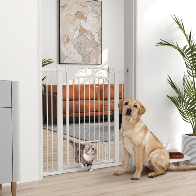 PawHut Barreira de Segurança para Cães Extensível Barreira para Animais de Estimação com Duplo Bloqueio e Porta 76-102x4x104 cm Branco