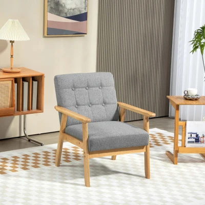 HOMCOM Poltrona Sala de Estar Estofada em Linho com Apoio para os Braços e Estrutura de Madeira de Borracha 64x75x76 cm Cinza Claro