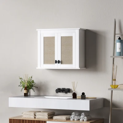 HOMCOM Armário de Parede para Casa de Banho com 2 Portas de Vime PE Prateleira Ajustável 60x19,5x49,4 cm Branco