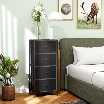 HOMCOM Cómoda para Dormitório Cómoda de Tecido com 4 Gavetas Dobráveis com Frentes de Couro PU 46x30x98 cm Preto