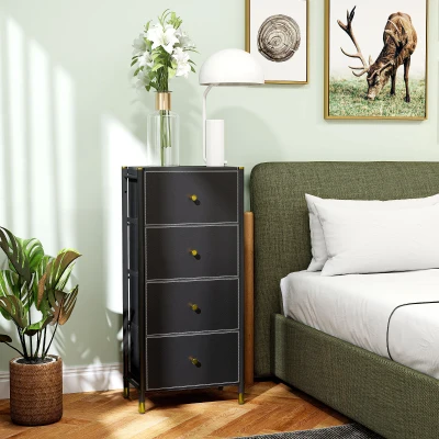 HOMCOM Cómoda para Dormitório Cómoda de Tecido com 4 Gavetas Dobráveis com Frentes de Couro PU 46x30x98 cm Preto