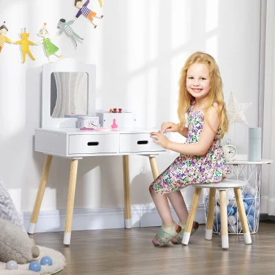 ZONEKIZ Kinder-Friseuse Schminktisch mit Hocker Spiegel und 2 Schubladen 3 bis 6 Jahre 60 x 40 x 95 cm Weiß und Holz
