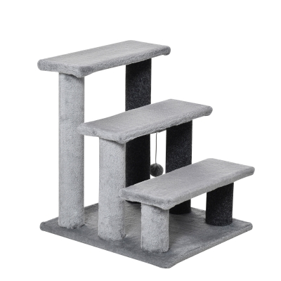 PawHut Escalier pour Chat à 3 Niveaux avec Poteaux à Griffer Balle Escalier pour Chien Escalier pour Animaux de Compagnie pour Chats jusqu'à 5 kg Peluche Jute Gris 45 x 40 x 48 cm