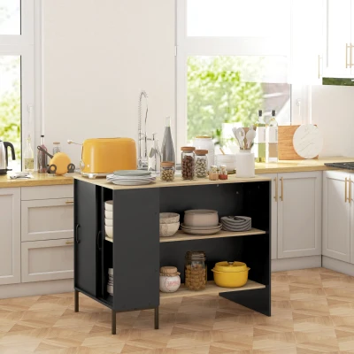 HOMCOM Kücheninsel mit 2 offenen Regalen, 1 Schrank, Schiebetüren, Messerhalter, 114,5 x 70 x 90 cm Schwarz