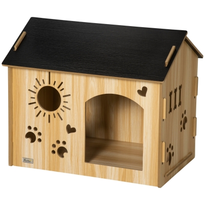 PawHut Niche pour chien, avec ouvertures de ventilation, résistant aux intempéries, matériau en bois, Noir+Chêne, 69 x 50 x 58,5 cm