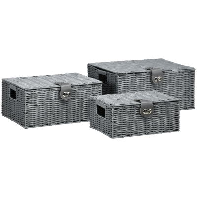 HOMCOM Lot de 3 paniers de rangement en rotin PE, avec fermeture, poignées de transport, 35,5 cm x 28,5 cm x 18 cm, Gris