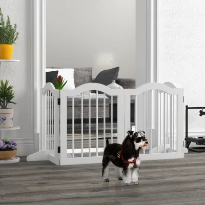 PawHut Barrière de Sécurité pour Chiens Pliable, 4 Panneaux, pour Escaliers, Couloirs, Portes, MDF/Bois Massif, Blanc
