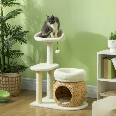 PawHut Arbre à Chat avec Maison, Balles de Jeu et Plateforme, Roseau/Sisal, jusqu'à 10 kg, 60 x 40 x 79 cm, Blanc crème