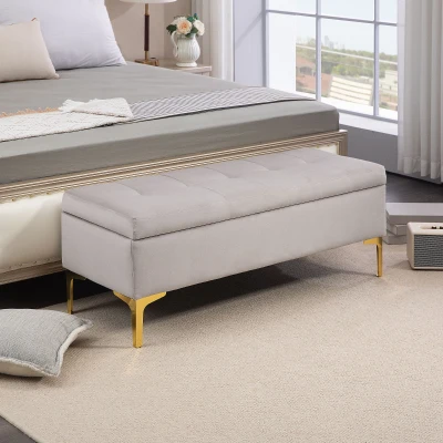 HOMCOM Aufbewahrungsbank Bankett 2-in-1 Gepolsterte Samt-Sitzfläche mit Metallfüßen 120 x 44 x 44,5 cm Grau und Gold