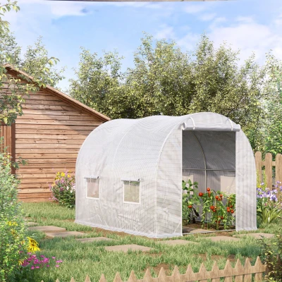 Outsunny Gartenfolientunnel 6 m² 3L x 2B x 1,9H m Verstärktes galvanisiertes Stahlrohr mit 2,4 cm Durchmesser + HDPE-Fenster Tür Weiß