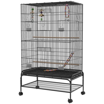 PawHut Cage à oiseaux avec perchoirs, jouets pour oiseaux, bac amovible, Noir