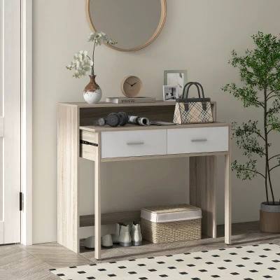 HOMCOM Konsolentisch mit ausziehbarem Plateau und 2 Schubladen, Flurtisch mit Aufbewahrung, 95l x 35B x 87H cm, Eichenoptik
