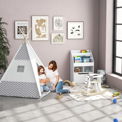 HOMCOM Indianer-Tipi Spielzelt für Kinder Grafikdesign - Maße 1,2L x 1,2B x 1,55H m - Verschließbare Tür Fenster Teppich Kissen Transporttasche inklusive - Innen Außen Grau Weiß