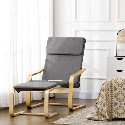 HOMCOM Fauteuil avec Repose-Pieds, Ensemble de Fauteuil en Tissu Effet Lin et Bois Massif, Gris + Naturel