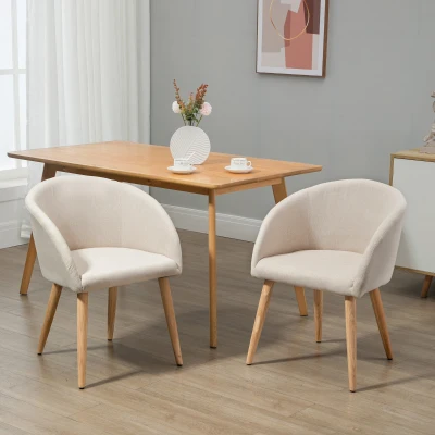 HOMCOM Set aus 2 Esszimmerstühlen Küchenstuhl Skandinavisches Design - Schräge schlanke Gummibaumbeine - Sitzfläche Rückenlehne Armlehnen ergonomisch Leinenoptik Beige