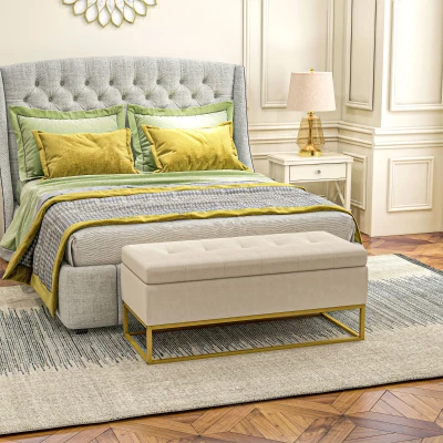HOMCOM Banquette avec Espace de Rangement, capitonnage décoratif, effet flanelle, pieds en acier doré, 110 x 47 x 46,5 cm