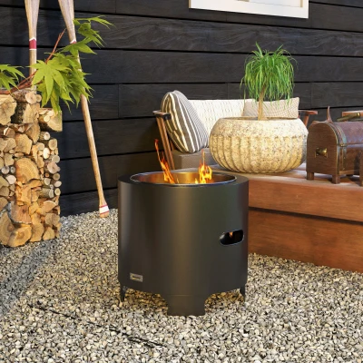 Outsunny Feuerring rauchfrei tragbarer Outdoor-Holzfeuerplatz aus Metall mit Feuerhaken - Durchmesser 45 cm - Schwarz