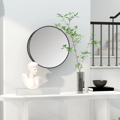 HOMCOM Runder Wandspiegel mit 2 Regalen für Badezimmer, schwarzer Metallrahmen, Durchmesser 50 cm