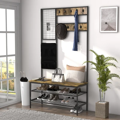 HOMCOM Porte-Manteau au Design Industriel, 1 Tableau Mémo, 1 Banc à Chaussures, 8 Crochets pour Vêtements, 1 Sac de Rangement, Noir + Marron