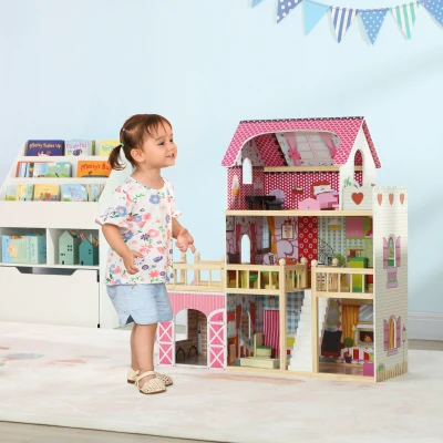 AIYAPLAY Maison de Poupée, 3 Étages, 13 Meubles, Garage, Toboggans & Balcon, 114 x 32 x 92 cm, Rose