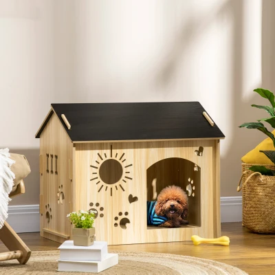 PawHut Niche pour chien, avec ouvertures de ventilation, résistant aux intempéries, matériau en bois, Noir+Chêne, 69 x 50 x 58,5 cm