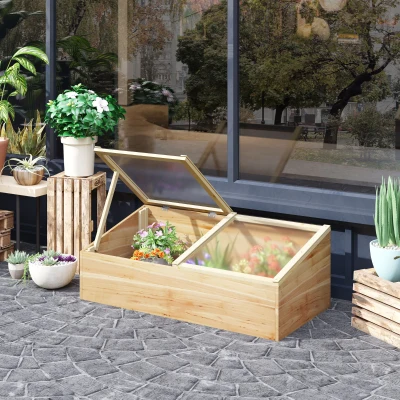 Outsunny Mini-Gewächshaus für Pflanzen dim. 100L x 50B x 36H cm Doppeltes unabhängiges Kippdach Polycarbonatplatten Vorgeöltes Fichtenholz